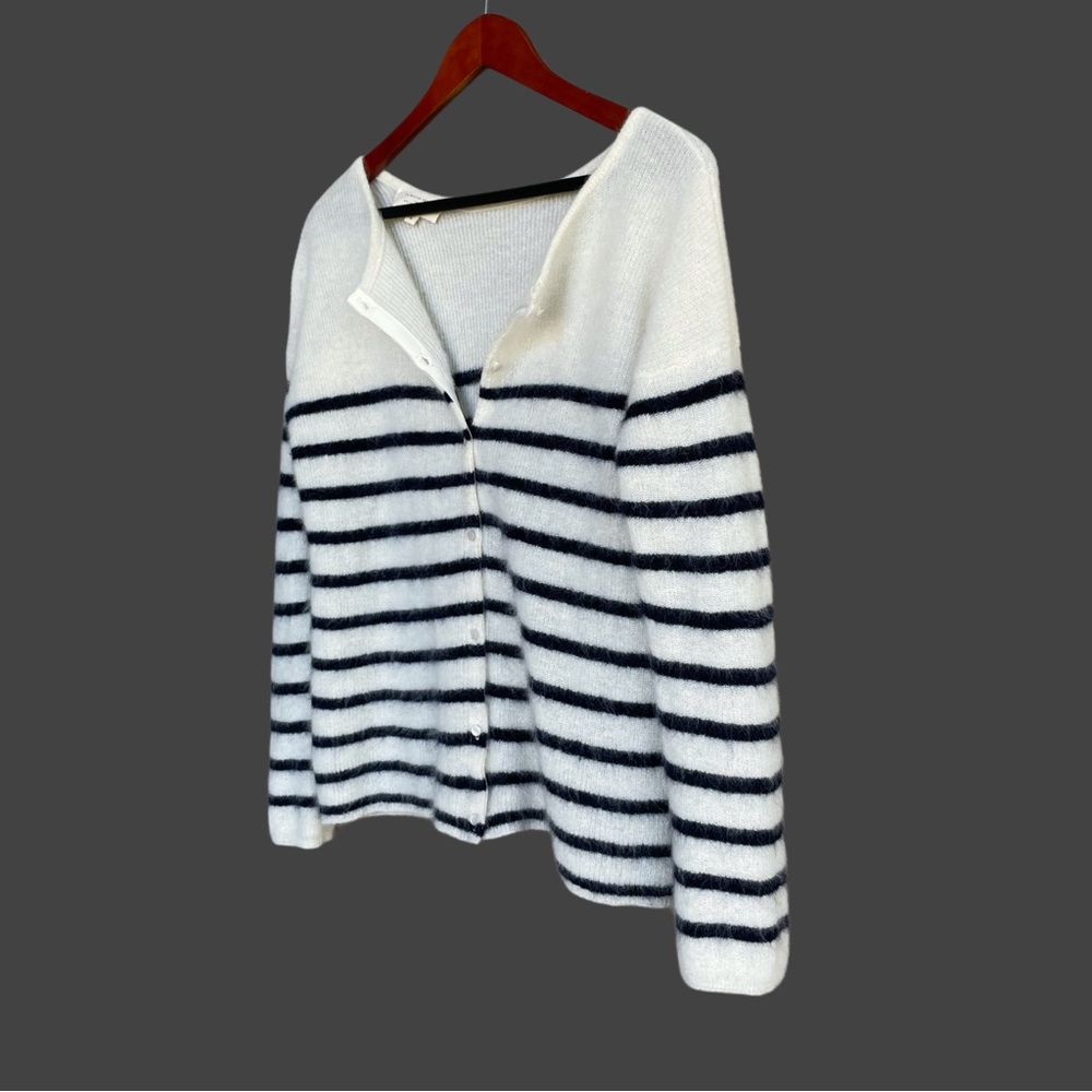 SEZANE Cream Navy Striped Mohair Alpaca Wool Reversible Gaspard Cardigan Sweater - Picture 17 of 17